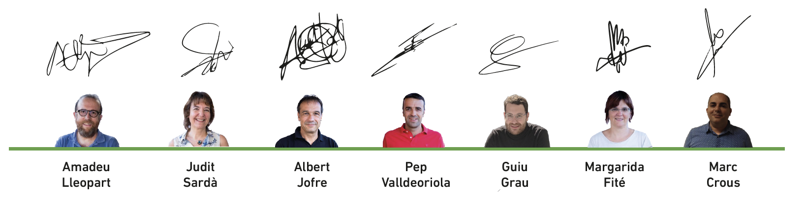 Fotografies i signatures dels membres de l'equip de govern: Amadeu Lleopart, Judit Sardà, Albert Jofre, Pep Valldeoriola, Guiu Grau, Margarida Fité i Marc Crous